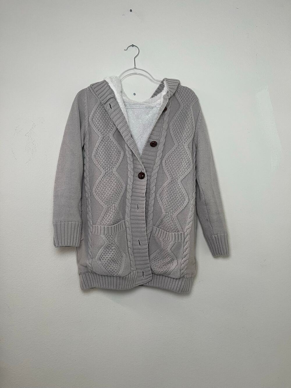 Gray Cable Knit Sherpa Lined Hooded Cardigan Sweater Women Small